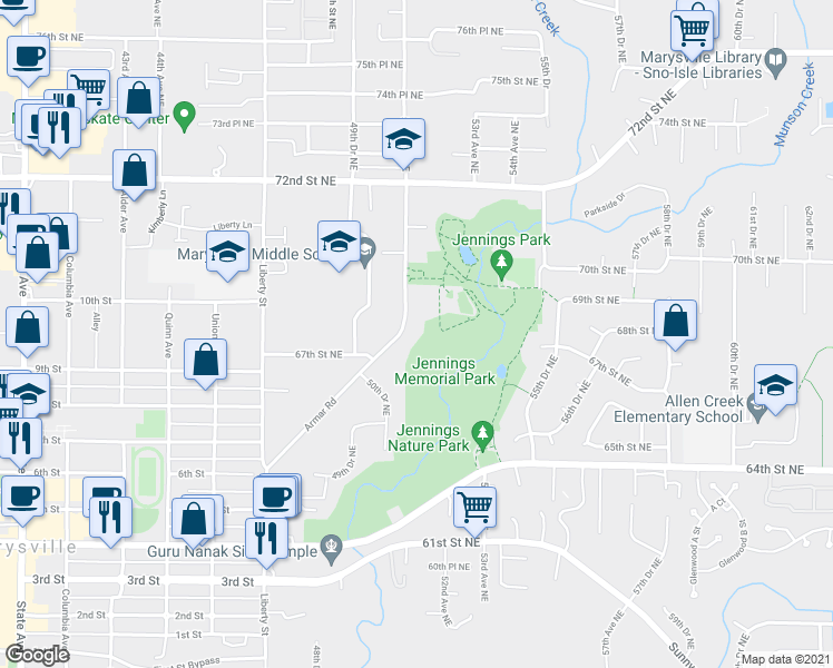 map of restaurants, bars, coffee shops, grocery stores, and more near 6737 Armar Road in Marysville