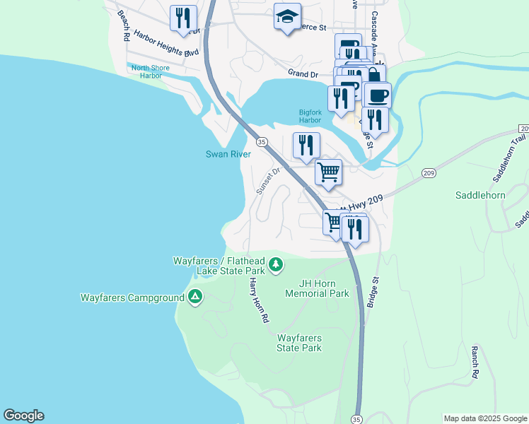 map of restaurants, bars, coffee shops, grocery stores, and more near 142 Whisper Ridge Drive in Bigfork