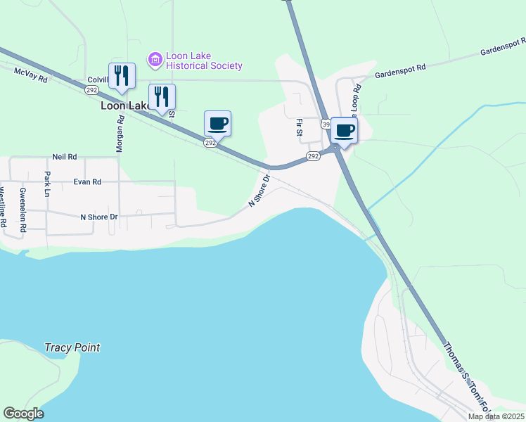 map of restaurants, bars, coffee shops, grocery stores, and more near 39877 North Shore Drive in Loon Lake