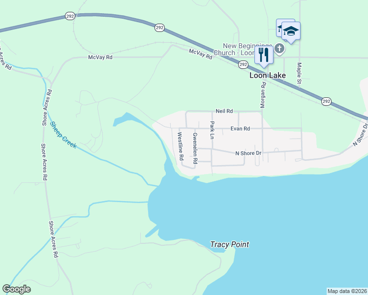 map of restaurants, bars, coffee shops, grocery stores, and more near 40589 Westline Road in Loon Lake