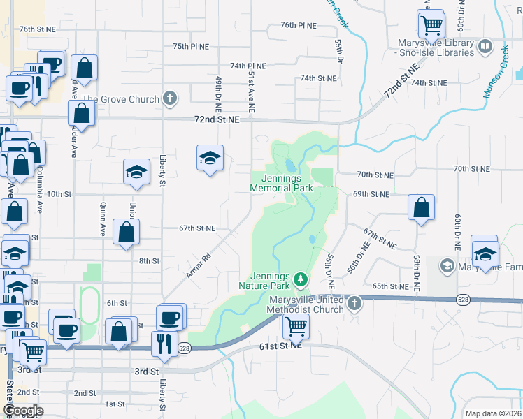 map of restaurants, bars, coffee shops, grocery stores, and more near 6737 Armar Road in Marysville
