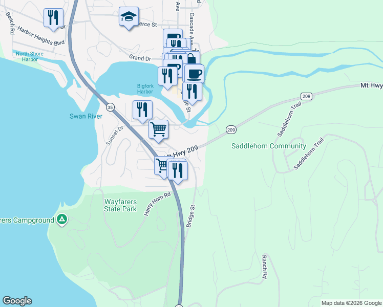 map of restaurants, bars, coffee shops, grocery stores, and more near 189 Bridge Street in Bigfork