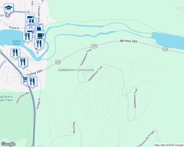 map of restaurants, bars, coffee shops, grocery stores, and more near 251 Saddlehorn Trail in Bigfork