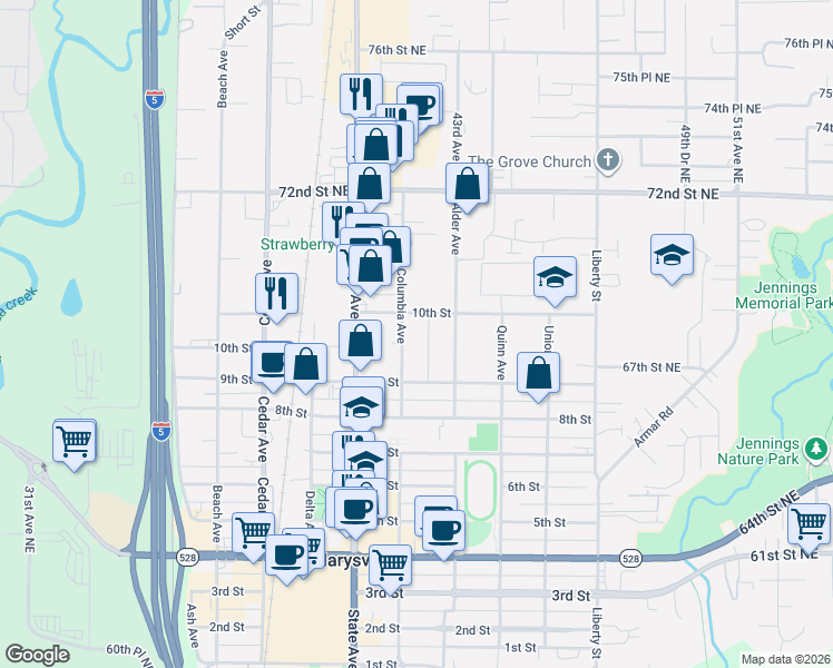 map of restaurants, bars, coffee shops, grocery stores, and more near 1002 Columbia Avenue in Marysville