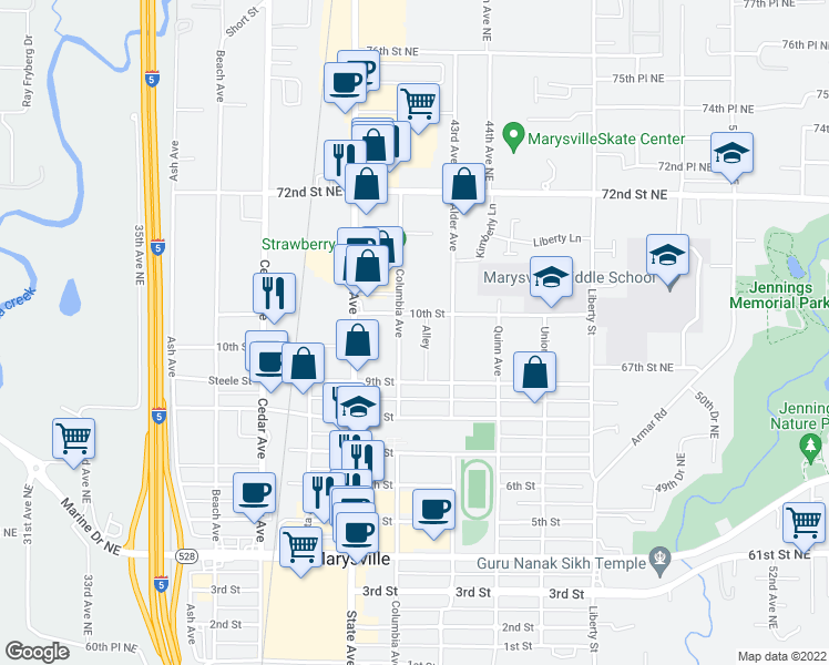 map of restaurants, bars, coffee shops, grocery stores, and more near 1002 Columbia Avenue in Marysville