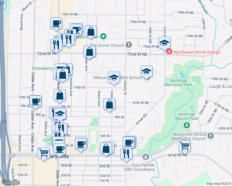 map of restaurants, bars, coffee shops, grocery stores, and more near 922 Union Avenue in Marysville