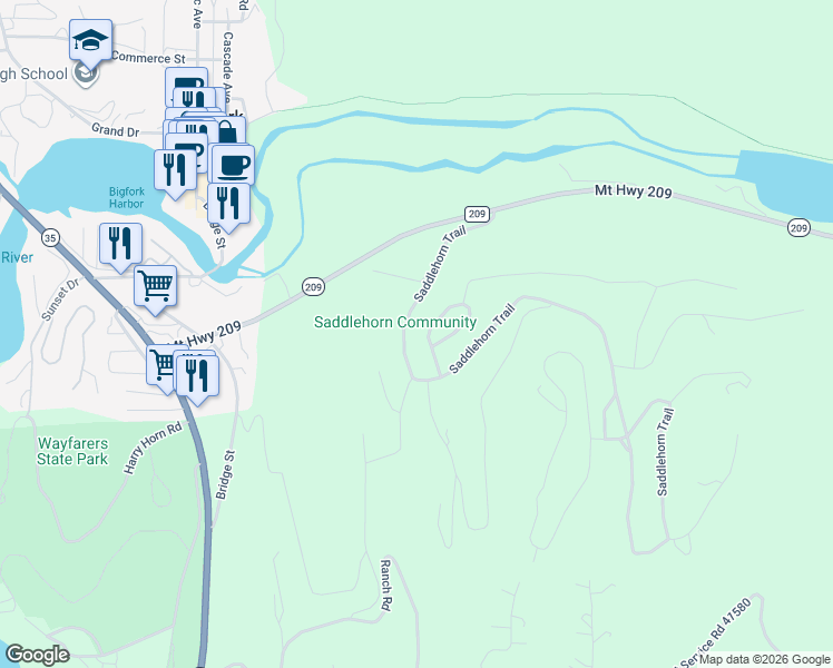 map of restaurants, bars, coffee shops, grocery stores, and more near 112 Trading Post Trail in Bigfork