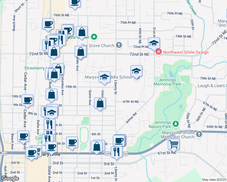 map of restaurants, bars, coffee shops, grocery stores, and more near 6732 47th Avenue Northeast in Marysville