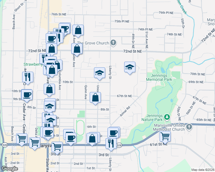 map of restaurants, bars, coffee shops, grocery stores, and more near 6732 47th Avenue Northeast in Marysville