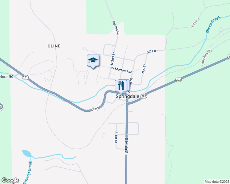 map of restaurants, bars, coffee shops, grocery stores, and more near 727 North 2nd Street in Springdale