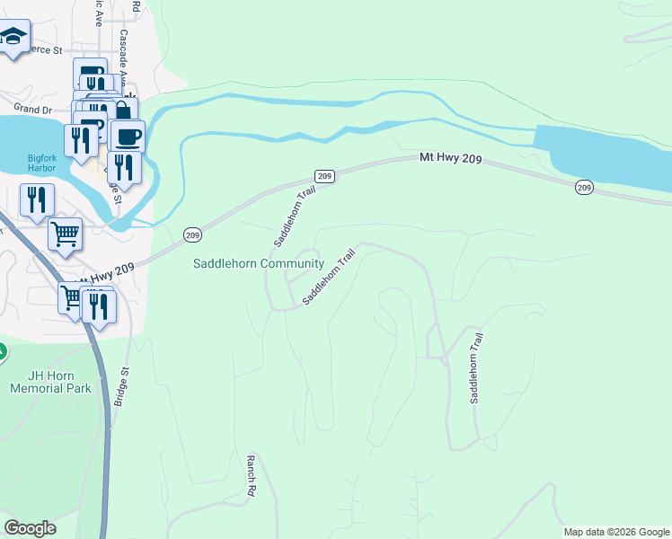 map of restaurants, bars, coffee shops, grocery stores, and more near Saddlehorn Trail in Bigfork
