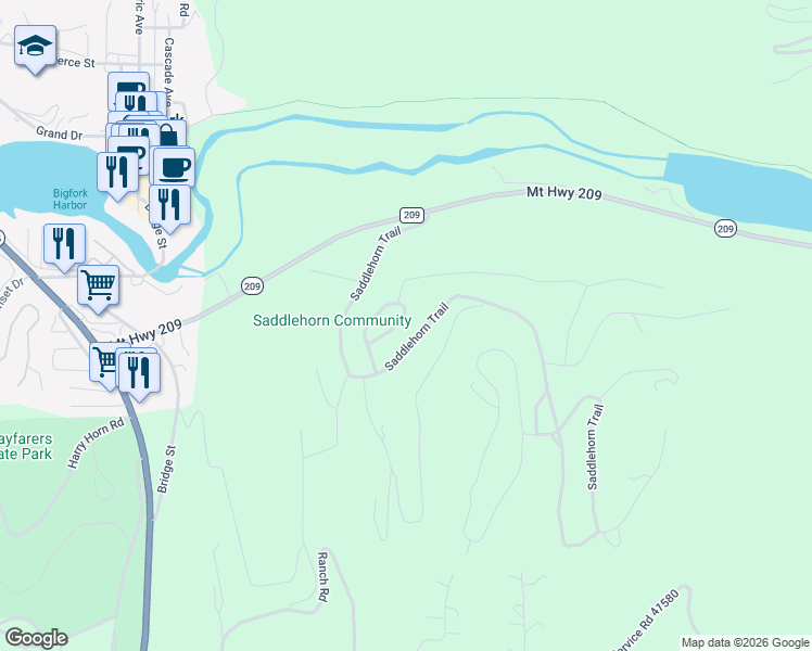 map of restaurants, bars, coffee shops, grocery stores, and more near 210 Trading Post Trail in Bigfork
