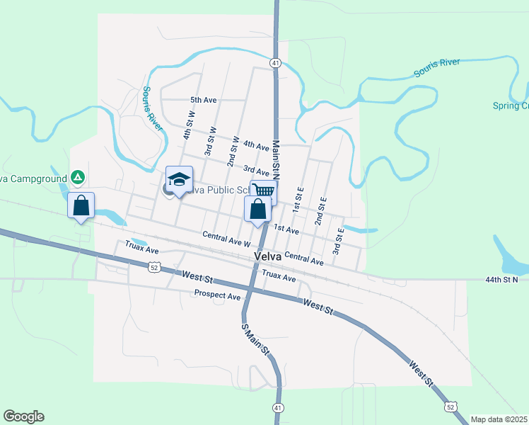 map of restaurants, bars, coffee shops, grocery stores, and more near 206 North Dakota 41 in Velva