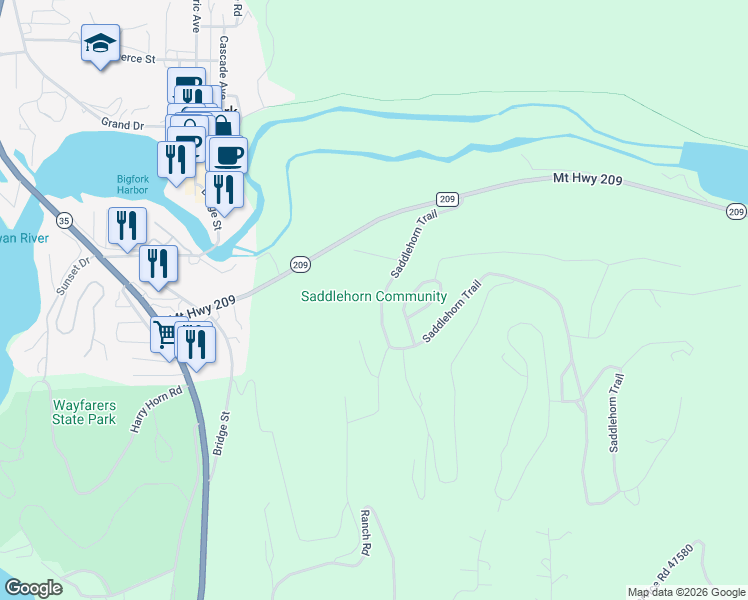 map of restaurants, bars, coffee shops, grocery stores, and more near 132 Saddlehorn Trail in Bigfork