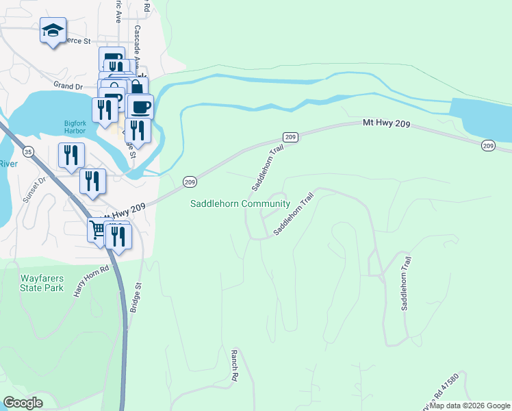 map of restaurants, bars, coffee shops, grocery stores, and more near 132 Saddlehorn Trail in Bigfork