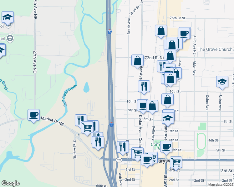 map of restaurants, bars, coffee shops, grocery stores, and more near 1010 Ash Avenue in Marysville