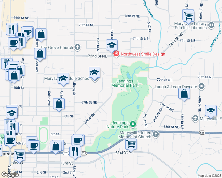 map of restaurants, bars, coffee shops, grocery stores, and more near 6814 51st Avenue Northeast in Marysville