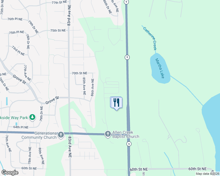map of restaurants, bars, coffee shops, grocery stores, and more near 8606 70th Street Northeast in Marysville