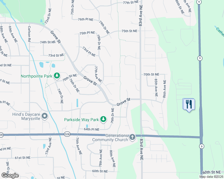 map of restaurants, bars, coffee shops, grocery stores, and more near 7804 69th Street Northeast in Marysville