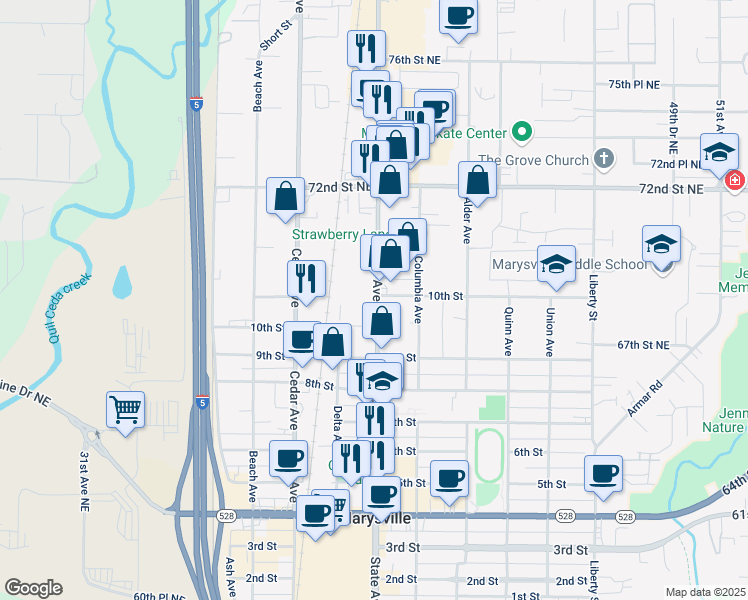 map of restaurants, bars, coffee shops, grocery stores, and more near 1034 State Street in Marysville