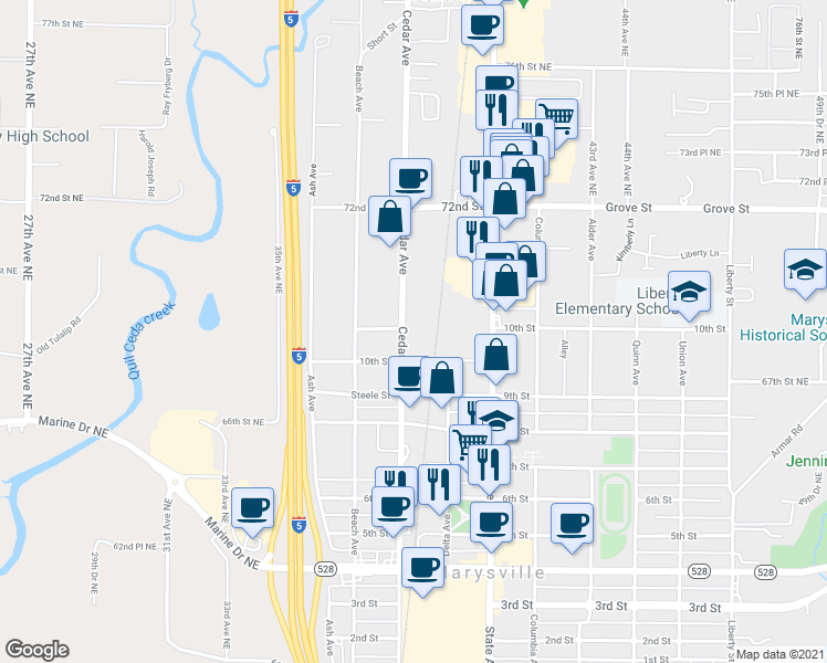 map of restaurants, bars, coffee shops, grocery stores, and more near 1038 Cedar Avenue in Marysville