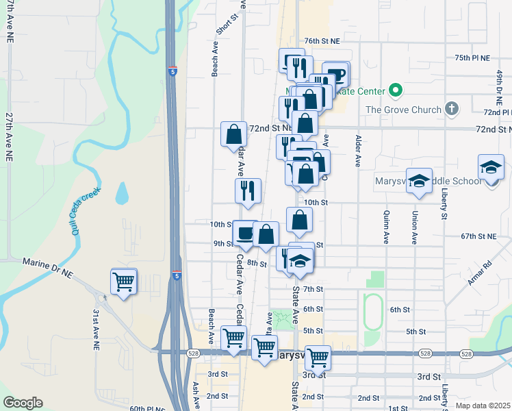 map of restaurants, bars, coffee shops, grocery stores, and more near 1024 Cedar Avenue in Marysville