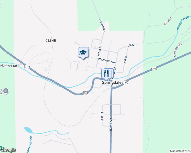 map of restaurants, bars, coffee shops, grocery stores, and more near 203 North 2nd Street in Springdale