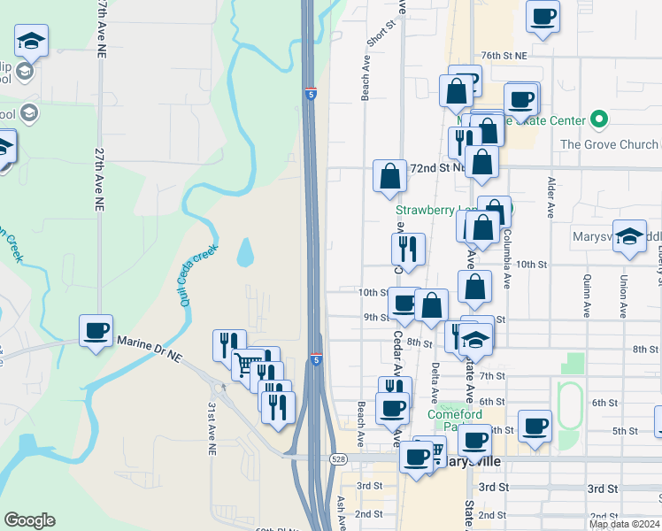 map of restaurants, bars, coffee shops, grocery stores, and more near 1016 Ash Avenue in Marysville