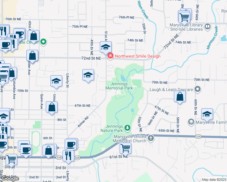 map of restaurants, bars, coffee shops, grocery stores, and more near 6827 51st Avenue Northeast in Marysville