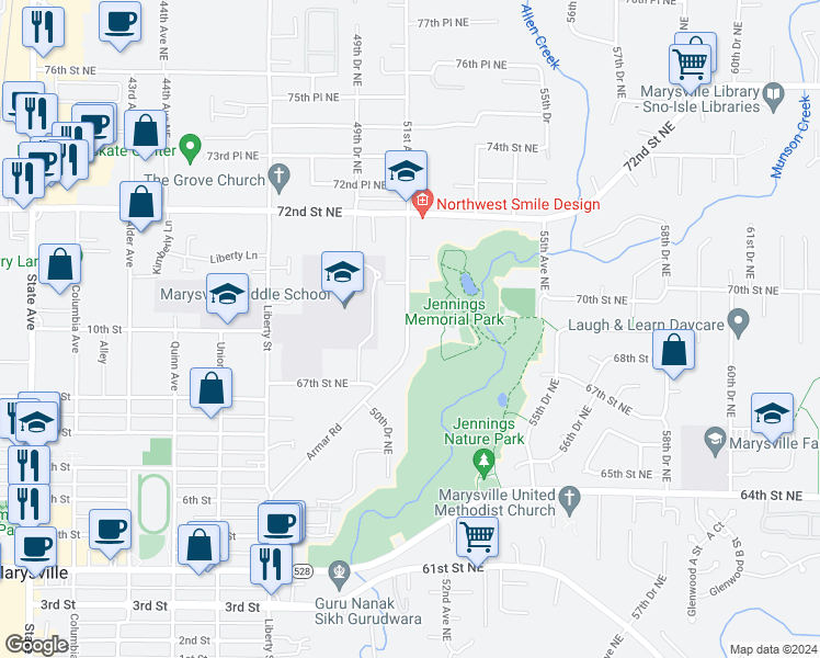 map of restaurants, bars, coffee shops, grocery stores, and more near 6825 Armar Road in Marysville