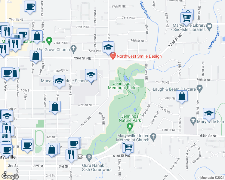 map of restaurants, bars, coffee shops, grocery stores, and more near 6823 Armar Road in Marysville