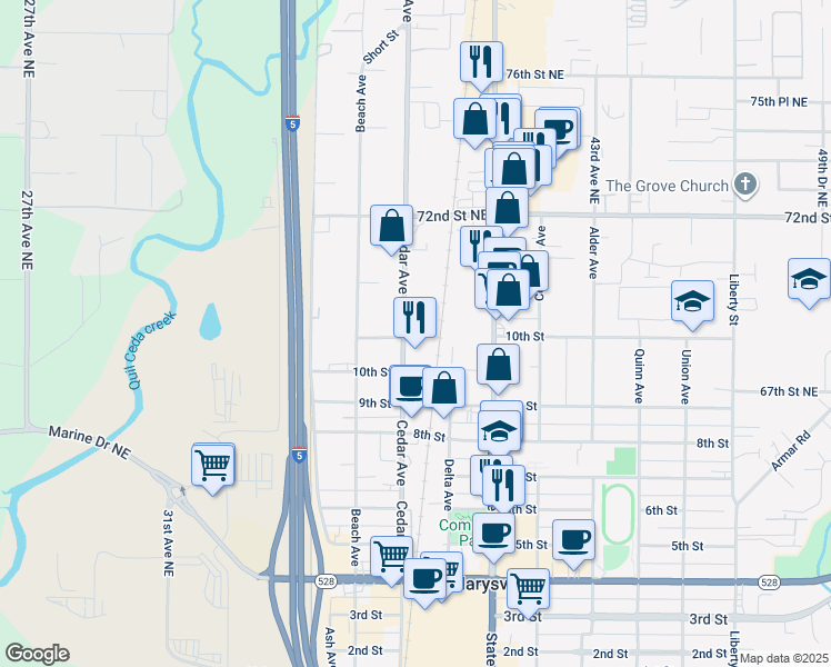 map of restaurants, bars, coffee shops, grocery stores, and more near 1026 Cedar Avenue in Marysville