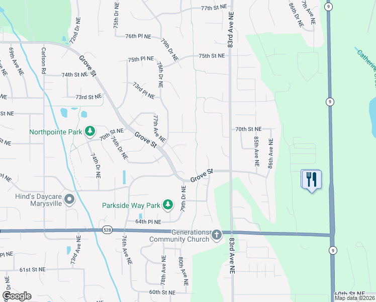 map of restaurants, bars, coffee shops, grocery stores, and more near 6820 81st Drive Northeast in Marysville
