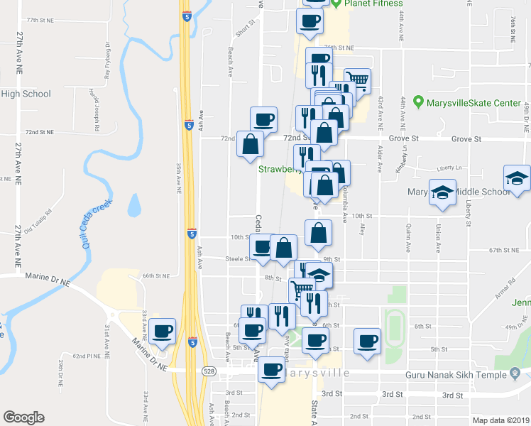 map of restaurants, bars, coffee shops, grocery stores, and more near 1038 Cedar Avenue in Marysville