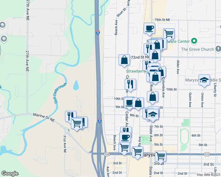 map of restaurants, bars, coffee shops, grocery stores, and more near 1035 Beach Avenue in Marysville