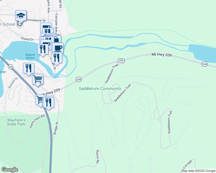 map of restaurants, bars, coffee shops, grocery stores, and more near 132 Saddlehorn Trail in Bigfork
