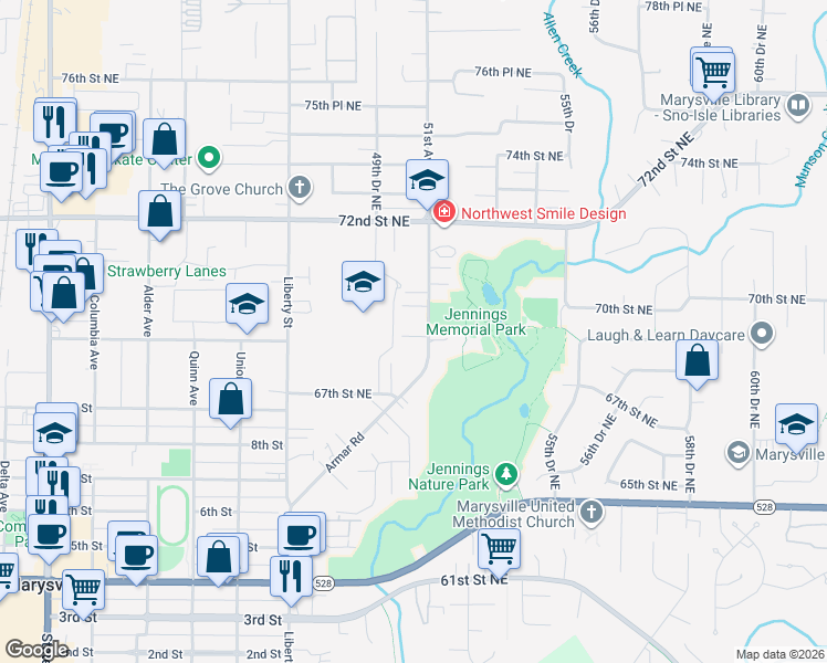 map of restaurants, bars, coffee shops, grocery stores, and more near 6902 Armar Road in Marysville