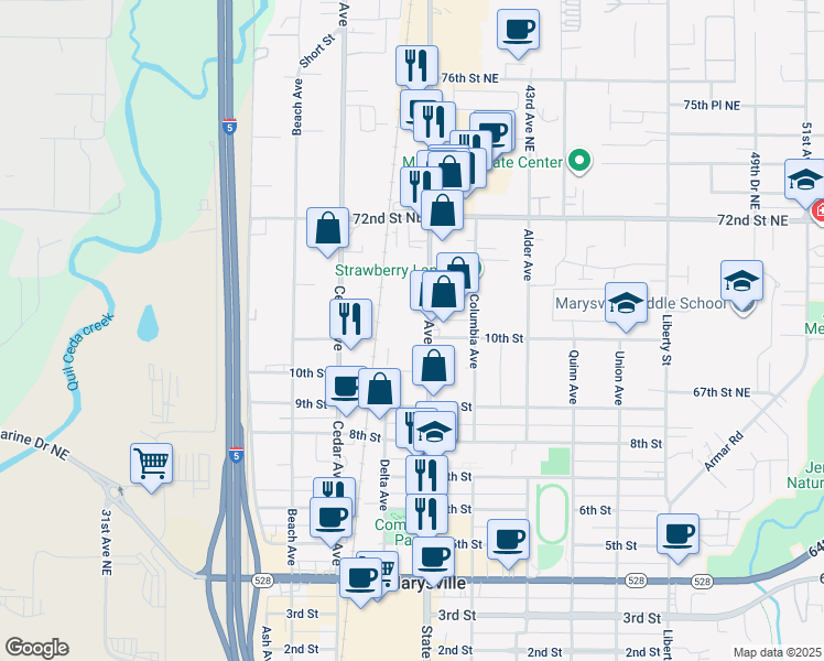 map of restaurants, bars, coffee shops, grocery stores, and more near 1031 State Avenue in Marysville