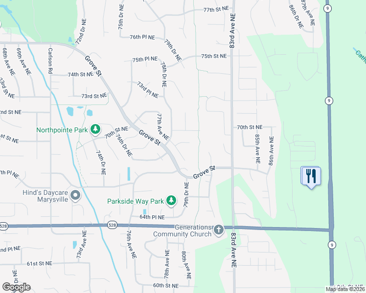 map of restaurants, bars, coffee shops, grocery stores, and more near 7804 69th Street Northeast in Marysville