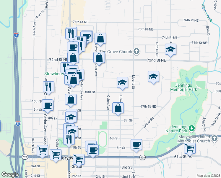 map of restaurants, bars, coffee shops, grocery stores, and more near 1813 10th Street in Marysville