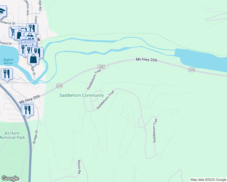 map of restaurants, bars, coffee shops, grocery stores, and more near Saddlehorn Trail in Bigfork