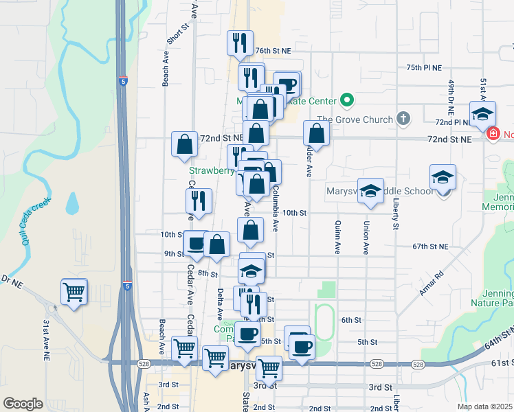 map of restaurants, bars, coffee shops, grocery stores, and more near 1034 State Street in Marysville