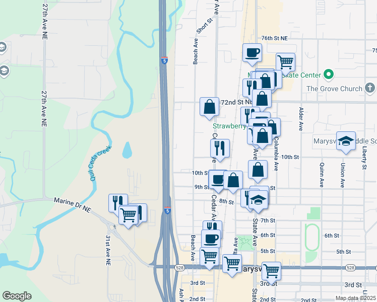 map of restaurants, bars, coffee shops, grocery stores, and more near 1035 Beach Avenue in Marysville