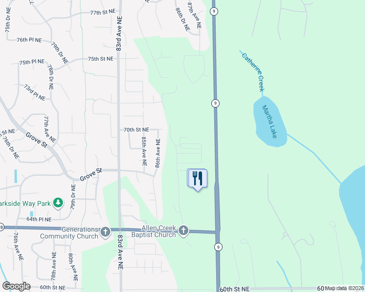map of restaurants, bars, coffee shops, grocery stores, and more near 8606 70th Street Northeast in Marysville