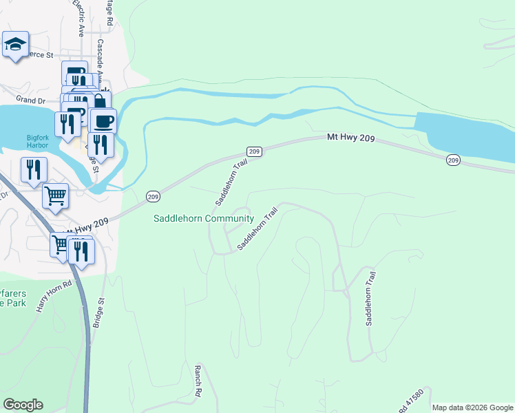 map of restaurants, bars, coffee shops, grocery stores, and more near 210 Trading Post Trail in Bigfork