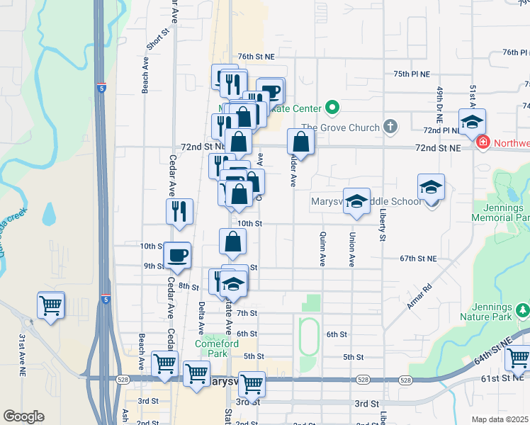 map of restaurants, bars, coffee shops, grocery stores, and more near 1044 Columbia Avenue in Marysville