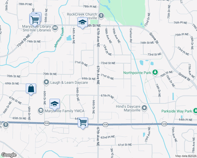 map of restaurants, bars, coffee shops, grocery stores, and more near 6866 69th Street Northeast in Marysville