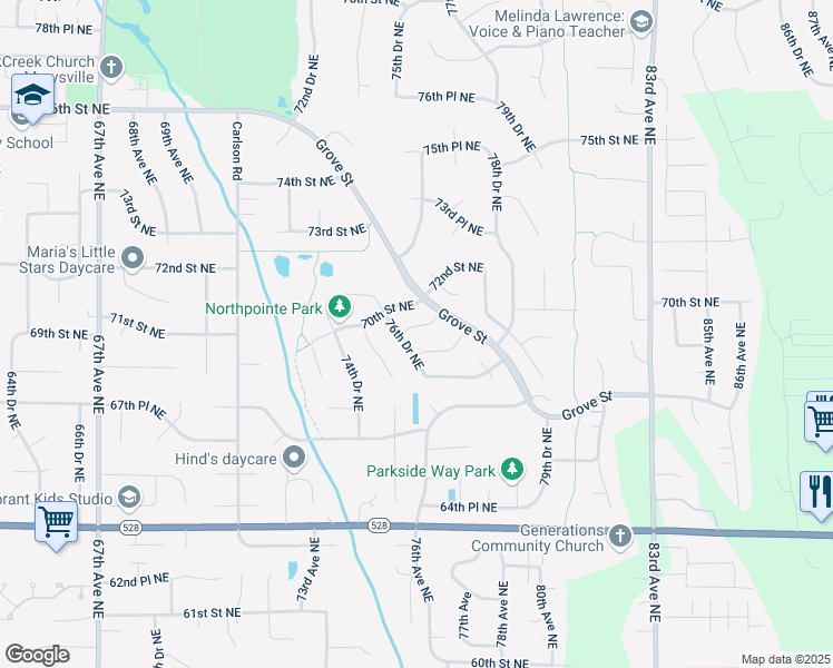map of restaurants, bars, coffee shops, grocery stores, and more near 7610 70th Place Northeast in Marysville