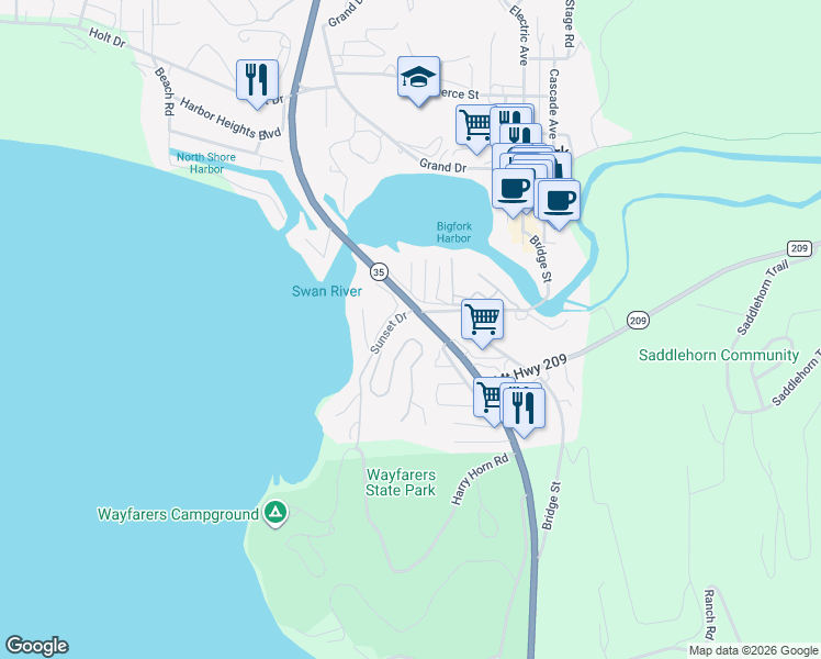 map of restaurants, bars, coffee shops, grocery stores, and more near 54 Sunset Drive in Bigfork