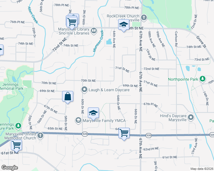map of restaurants, bars, coffee shops, grocery stores, and more near 6308 70th Street Northeast in Marysville